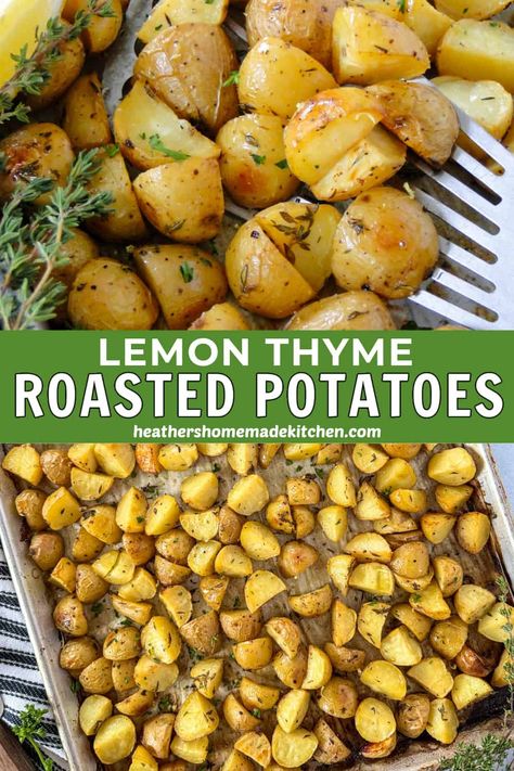 These Lemon Thyme Roasted Potatoes have crisp edges with a fluffy inside and are full of the best lemony flavor. An easy and perfect side dish to any main entrée! Lemon Thyme Recipes, Thyme Recipes, Lemon Potatoes, Lemon Thyme, Side Dishes Recipes, Potato Side Dishes, Healthy Side, Health Dinner Recipes, Lemon Recipes