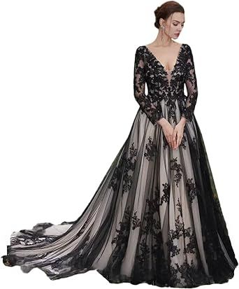 PFTFB Lace Appliques Gothic Bridal Gowns with Train Tulle Wedding Dresses for Women Long Sleeve Black Wedding Bridal Dresses Long Sleeve Wedding Gown, Brideshead Revisited, Dark Wedding Theme, Black Wedding Gowns, Long Sleeve Ball Gowns, Long Sleeve Wedding Gowns, Black Wedding Dress, Dark Wedding, V Neck Wedding Dress