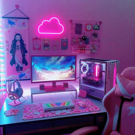 Janille 🌸 on Instagram: “My gaming rig + Rainy weather + Valorant lose streak but still lovin it ✨☁️✨☁️ . . . . . . . . #pink #pinkpc #pinksetup #gamingrig…” Gamer Room Design, Gaming Bedroom, Computer Gaming Room, Otaku Room, Gamer Room Decor, Video Game Room Design, Bedroom Setup, Gaming Room Setup, Cute Room Ideas