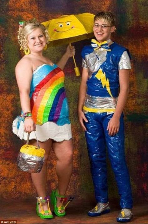 Rainbow birght! This couple somewhat missed the mark in their weather-themed look ... Ugly Prom Dresses, Frozen Facts, Ugly Prom Dress, Worst Prom Dresses, Duct Tape Clothes, Prom Dress Fails, Duct Tape Prom Dress, Duct Tape Dress, Thunder Outfit