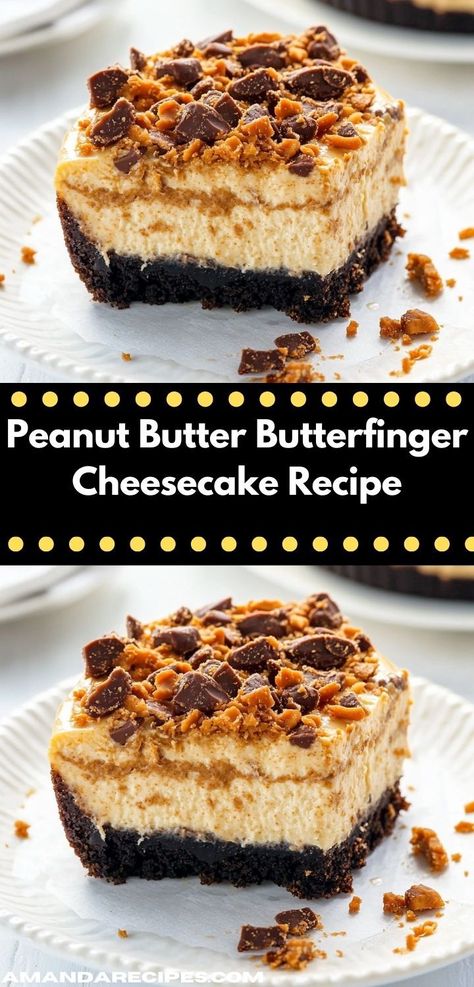 Craving a decadent dessert? This Peanut Butter Butterfinger Cheesecake is a delightful treat that combines creamy peanut butter with crunchy Butterfinger bits, making it a perfect sweet indulgence for family gatherings. Rich Cheesecake Recipes, Butter Finger Dessert, Butterfinger Cheesecake, Peanut Butter Whipped Cream, Rich Cheesecake, Butterfinger Candy, Poke Cake Recipes, Rich Desserts, Peanut Butter Cheesecake