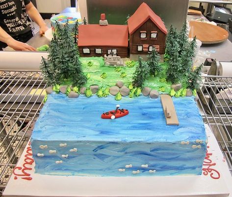 Retirement Lake House Theme 600102 | Shaped Lake House theme… | Flickr Lake Cake Ideas, House Theme Cake, Lake House Theme, Lake Cake, Fish Cake Birthday, Lake Birthday, Boat Cake, Gingerbread Creations, Lake Theme