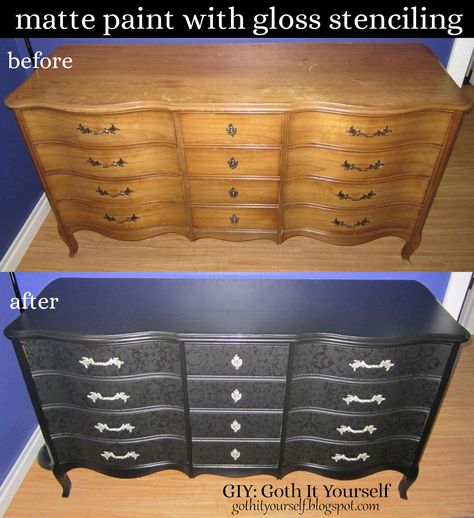 GIY: Goth It Yourself: Black Matte with Black Gloss Stenciling on Dresser Diy Goth Furniture Makeover, Gothic Dresser Decor, Goth Dresser Diy, Gothic Dresser Diy, Skull Dresser Diy, Gothic Furniture Diy Dressers, Gothic Dresser Makeover, Diy Goth Dresser Makeover, Goth Furniture