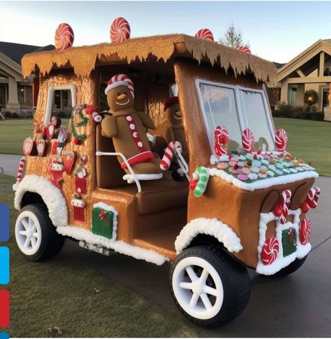 Christmas Parade Ideas For Atv, Golf Cart Costume Ideas, Christmas Truck Decorations Parade, How To Decorate A Golf Cart For Christmas Parade, Trunk Or Treat For Golf Carts, Atv Christmas Parade Ideas, Gingerbread House Golf Cart, Halloween Golf Cart Parade, Gingerbread Golf Cart