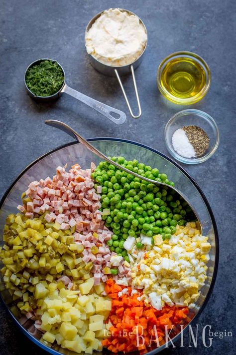 A creamy and hearty potato salad recipe made with potatoes, peas, carrots and more! Russian Salad Recipe, Russian Potato Salad, Olivier Salad, Russian Dishes, Ukrainian Recipes, How To Cook Potatoes, Potatoe Salad Recipe, Russian Recipes, How To Cook Eggs