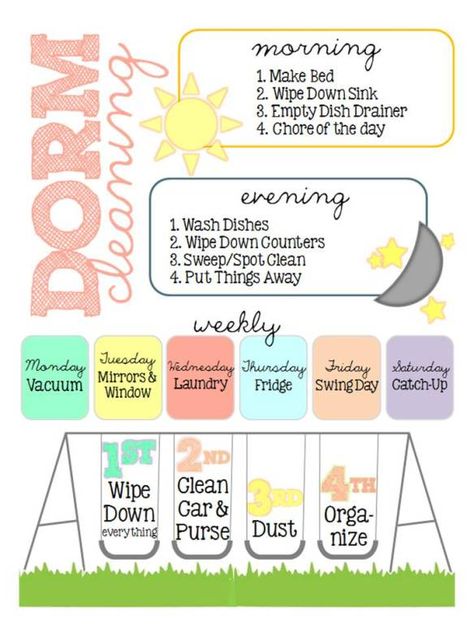 I wish I would've had this last year! Maybe make some changes and use this for an apartment cleaning schedule ~ Apartment Cleaning Schedule, Bedding College, Organization Dorm, Modern Lofts, Dorm Cleaning, Cleaning Plan, Dorm Stuff, Room Cleaning, Girl Bedding