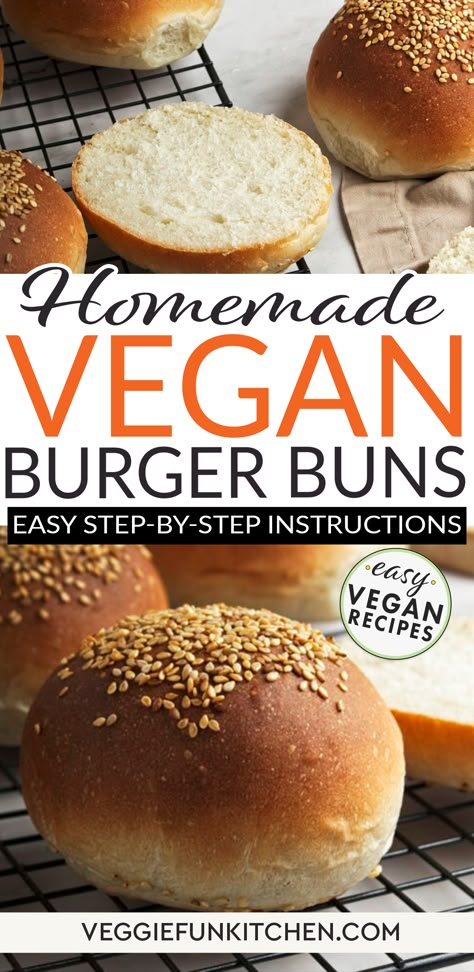 Homemade vegan burger buns are flavorful, and soft, and are perfect to serve with your favorite vegan burger or sandwich. They are made with only a few natural ingredients. No hard-to-pronounce ingredients. And no second-guessing what’s in your sandwich bun and questioning if it’s actually vegan or not. It’s so satisfying to know that you made it yourself! | @veggiefunkitchen #veganbreadbaking #veganburgers Vegan Buns Recipe, Vegan Hamburger Buns, Vegan Burger Buns, Homemade Vegan Burgers, Burger Buns Recipe, Hamburger Bun Recipe, Vegan Baking Recipes, Vegan Burger, Vegan Burgers