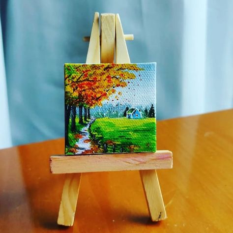 NataGlassArt - Etsy Acrylic Painting Landscape, Art Mini Toile, Mini Toile, Sky Art Painting, Desk Art, Tiny Art, Fused Glass Artwork, Colored Pencil Artwork, Miniature Paintings