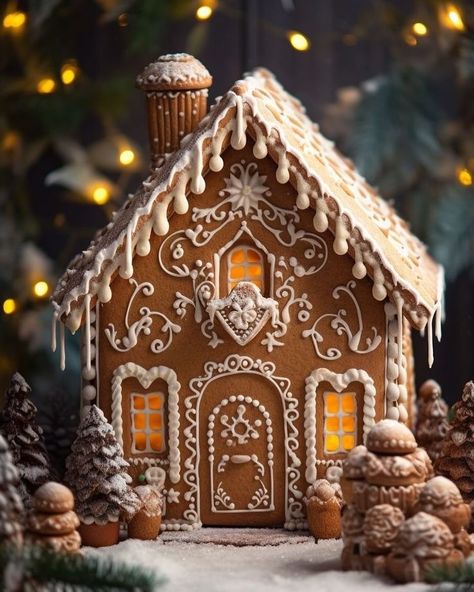 Gingerbread House Traditional, Brown And White Gingerbread House, Ginger Bread Design Ideas, Gingerbread Houses Decorating, Gingerbread House Fireplace, Ginger Christmas Decoration, Gingerbread Mansion Template, Candy Gingerbread House Ideas, Cottage Core Gingerbread House