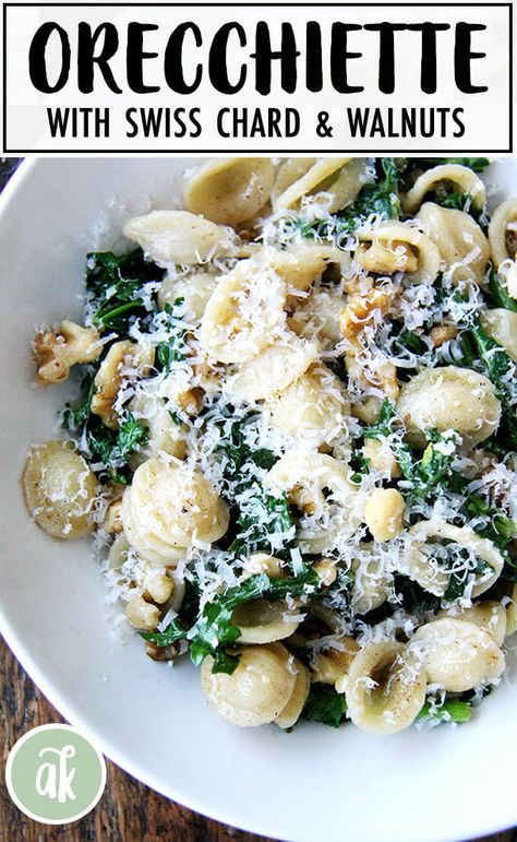 Orecchiette with Swiss Chard and Walnuts: Love this simple spring dinner! Here, you drain the pasta over the Swiss chard set in a colander in the sink; then you toss it all together with brown butter, toasted walnuts, and parmesan. Simple and delicious! #pasta #spring #swisschard #parmesan #walnuts #orecchiette Chard Pasta, Swiss Chard Recipes, Spring Pasta, Chard Recipes, Walnut Recipes, Summer Produce, Spring Dinner, Delicious Pasta, Toasted Walnuts