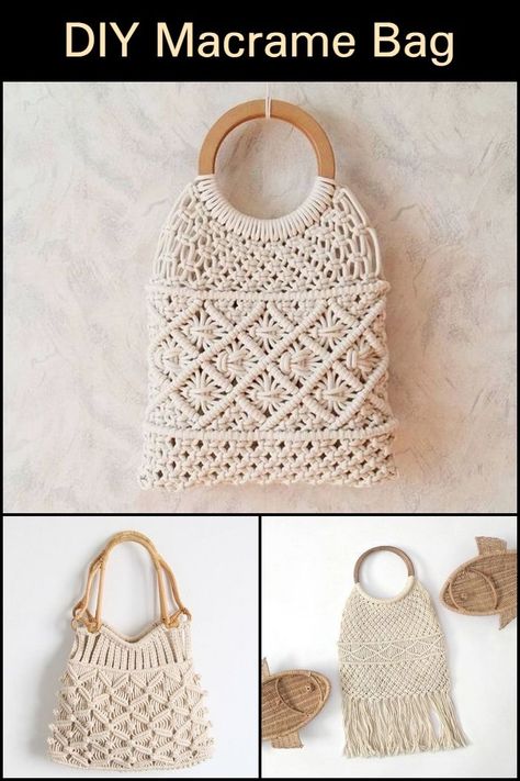 Diy Macrame Bag, Macrame Tas, Diy Tas, Bag With Wooden Handles, Diy Macrame Wall Hanging, Simpul Makrame, Pola Macrame, Macrame Purse, Sac Diy