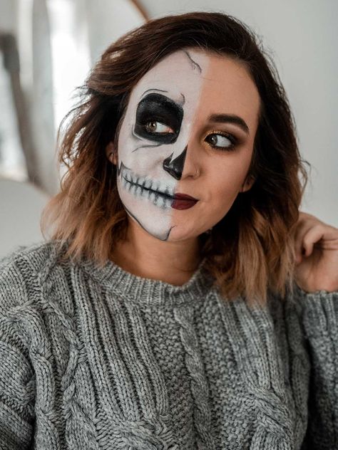 Halloween Makeup With Boots: Simple Skull Glam. ~ Gemma Louise Skull Makeup Simple, Women Halloween Makeup, Simple Skeleton Makeup, Skeleton Makeup Halloween, Simple Skeleton, Black Eye Pencil, Black Face Paint, White Face Paint, Simple Skull