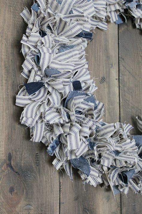 Cloth Strip Wreath, Fabric Wreaths Diy No Sew Tutorials, Cheesecloth Crafts, Rag Crafts, Cloth Wreath, Rag Wreath Tutorial, Denim Wreaths, Ticking Stripe Fabric, Rag Wreaths