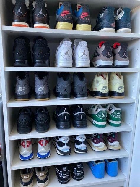 Shoe Game Collection, Sneakers Collection Aesthetic, Sneaker Collection Aesthetic, Shoe Collection Aesthetic, Sneakerhead Room, Sneaker Closet, Shoes Wallpaper, Shoe Wall, Pretty Shoes Sneakers