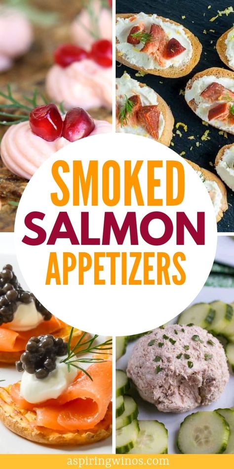 How to make delicious smoked salmon appetizer recipes to serve at your next wine tasting. Dream up amazing wine pairings to go with these yummy hors d\'oeuvres, perfect to share with friends and family before dinner or as part of a small plates dinner menu. We\'ve got hot and cold options as well as paleo, gluten free and keto friendly snacks. #winetasting #winepairing #appetizers #horsdoeuvres Elegant Small Bites, Cold Smoked Salmon Recipes Appetizers, Seafood Hors D’oeuvres, Before Dinner Snacks, Smoked Salmon Appetizers, Smoked Salmon Recipes Appetizers, Salmon Blinis, Wine Party Appetizers, Smoked Salmon Platter