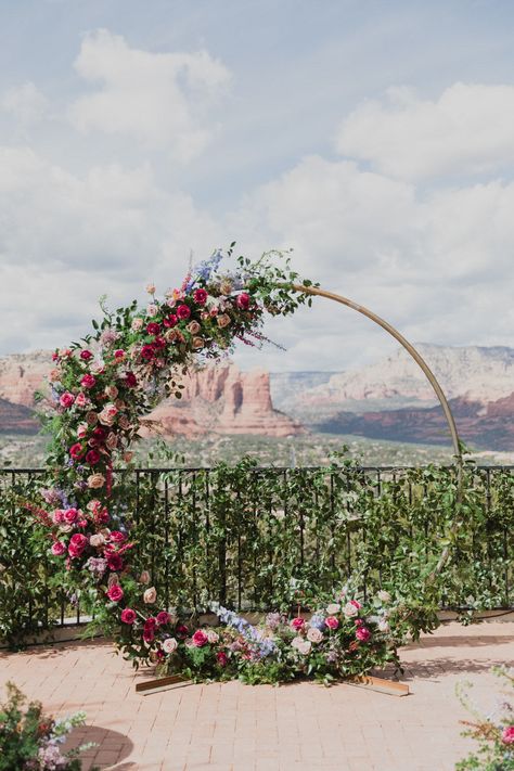 Beautiful flower backdrop. Fall Wedding Arizona, Sky Ranch Lodge Sedona Weddings, Photographer Planner, Wedding Decisions, Sky Ranch, Celestial Boho, Wedding Swag, Aisle Runners, Fuchsia Wedding