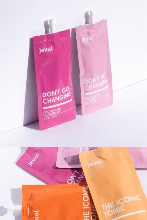 Jeval haircare sample packaging design Hair Colour Packaging Design, Monochromatic Packaging Design, Hair Product Packaging Ideas, Skincare Sample Packaging, Haircare Packaging Design, Shampoo Design Packaging, Sample Packaging Ideas, Collagen Packaging Design, Skincare Packaging Ideas