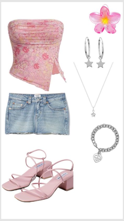 Mini Skirt Summer Outfit, Pink Mini Skirt Outfit, Strapless Top Outfit, Pink Strapless Top, Feminine Aesthetic Outfits, Mini Skirt Summer, Outfit Recommendations, Denim Skirt Outfit, Skirt Outfits Summer