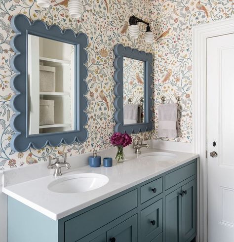 Cummings Architecture & Interiors (@cummingsarchitectureinteriors) • Instagram photos and videos White Scalloped Mirror, Scallop Mirror, Blue Herringbone Tile, French Country Color Palette, French Country Colors, Girl Bathroom, Scalloped Mirror, Blue Floral Wallpaper, Girl Bathrooms