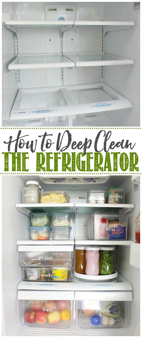 House Cleaning Recipes, Fridge Cleaning Hacks, Deep Cleaning Lists, Organized Fridge, Deep Cleaning House, Diy Cleaning Products Recipes, Clean Fridge, Fridge Shelves, Deep Cleaning Tips