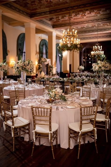 Gold Chair Wedding Reception, Wedding Reception Chairs Decorations, Wedding Neutral Decor, Gold Wedding Chairs Receptions, Gold Chivari Chairs Wedding Ceremony, Gold And White Reception Decor, Gold Chiavari Chairs Wedding Receptions, Wedding Reception Venues Indoor Elegant, Gold Chivari Chair Wedding