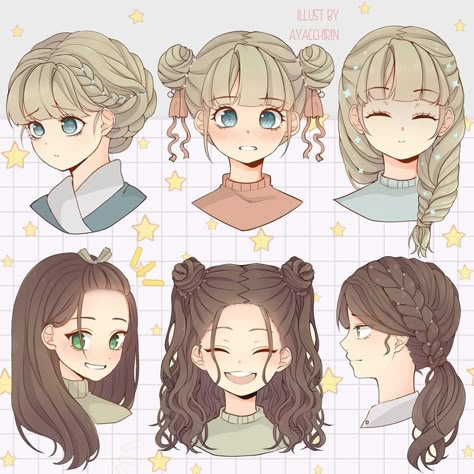 Aya | DTIYS ONGOING 🌟’s Instagram photo: “hairstyle part 2! which one is your favorite?~ . i was watching Pride and Prejudice and thinking about making braided some hairstyles after…” Braided Anime Hairstyles, 2 Buns Hairstyle Drawing, Cute Hairstyles For Medium Hair Drawing, Anime Bun Hairstyle Reference, Bun Buns Hairstyle, Drawn Hairstyles Character Design, Anime Buns Hairstyle, Cute Drawn Hairstyles, Braided Hairstyles Anime