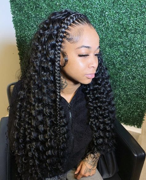 Two Feed In Braids With Weave Curly, Half Feed In Half Crochet, Braided Front Sew In Back, Braided Front Curly Back, Front Braids With Curly Hair, Birthday Briads, Half Up Half Down Crochet, Water Wave Lace Front Wig, Weave Braids