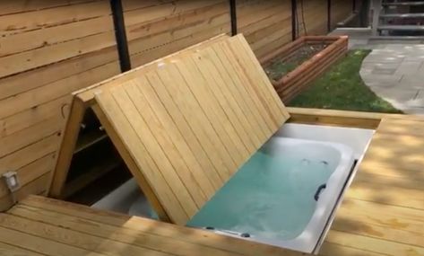 Types of Retractable Hot Tub Covers Hot Tub Insulation Ideas, Covered Hot Tub Ideas, Recessed Hot Tub, Diy Hot Tub Cover, Jacuzzi Covers, 2nd Story Deck, Hot Tub Covers, Large Hot Tub, Diy Hot Tub