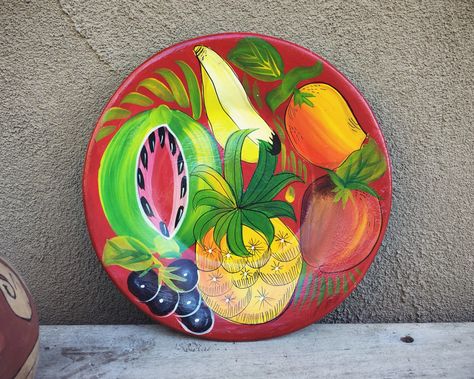 10" Diameter Vintage Mexican Pottery Plate Wall Hanging Red Decor with Fruit, Mexican Folk Art Clay Wall Decor, Mexican Plates, Mexican Wall, Pottery Plate, Hacienda Style, Plate Wall, Mexican Decor, Clay Wall, Red Decor