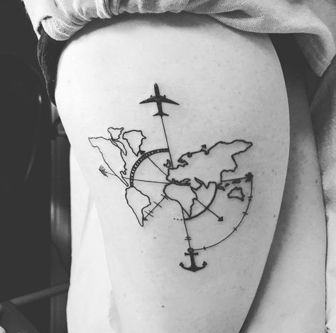 Travel Tattoos Travel Tattoo Ideas, World Map Tattoos, Map Tattoo, Adventure Tattoo, Travel Tattoos, Map Tattoos, Application Iphone, Passport Stamps, Travel Drawing