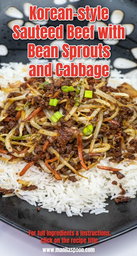 Beef With Bean Sprouts, Korean Beef Stew, Korean Cabbage, Bean Sprout Recipes, Korean Ground Beef, Ground Beef And Cabbage, Sauteed Cabbage, Cabbage Stir Fry, Pork And Cabbage