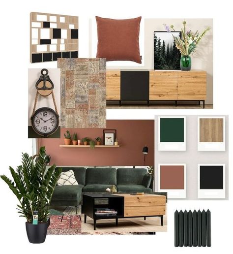 Terra Cotta Wall Color Bedroom, Black White Green Terracotta Living Room, Terracotta Gray And Green, Terra Cotta Office Decor, Terracotta Black Interior, Green Gray Rust Living Room, Black Terracotta Bedroom, Green And Rust Office, Black Green And Gray Living Room