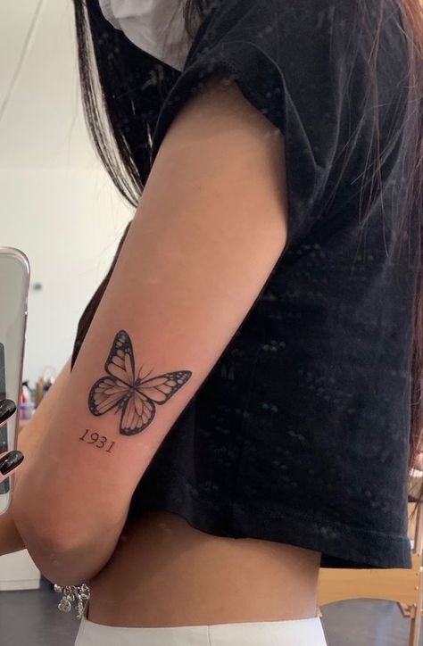 Butterfly With Year Tattoos, Butterfly Tattoo For Mom, Small Butterfly Tattoo On Arm, Butterfly Arm Tattoos For Women, Butterfly Tattoo On Arm, Mariposas Tattoo, Butterfly Tattoos On Arm, Unique Butterfly Tattoos, Butterfly Wrist Tattoo