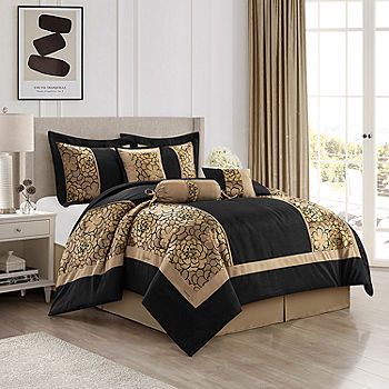 Stratford Park Emery Midweight Complete Bedding Set - JCPenney Gold Comforter Set, Gold Comforter, Plush Bedding, Jacquard Bedding, Complete Bedding Set, Floral Comforter Sets, Auburn Brown, Floral Comforter, Elegant Bedding