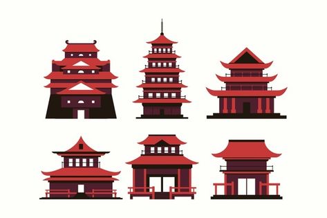 Japanese temples in flat design Free Vec... | Free Vector #Freepik #freevector #design #house #building #japan Japanese Shrine Drawing, Japanese Building Drawing, Japanese Temple Minecraft, Shrine Drawing, Japanese Temple Drawing, Japanese Temple Art, Japanese Architecture Drawings, Temple Vector, Asymmetric Blazer