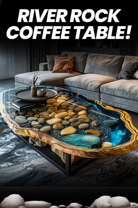 Upgrade your living room with the timeless charm of river rock coffee tables! 🌿✨ Explore the beauty of natural materials in home decor. #RiverRock #CoffeeTables #HomeDecor #InteriorDesign Resin River Coffee Table, Unique Coffee Table Ideas, Epoxy Countertops, Diy Resin Table, Resin Tables, Epoxy Coffee Table, Wood Resin Table, Wooden Countertops, Epoxy Table Top