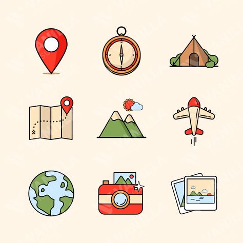 The image shows a set of travel-related icons on a white background. The icons include a map, a compass, a camera, a plane, a tent, and mountains. The icons are all colorful and well-designed, and they have a modern and playful look. The image is perfect for use in a variety of contexts, such as travel websites, travel blogs, social media posts, and marketing materials. It can also be used to create fun and creative products, such as travel journals, stickers, and t-shirts. Journals Stickers, Airplane Icon, Camping Icons, Compass Icon, Map Sticker, Agency Branding, Map Icons, Travel Drawing, Doodle Icon