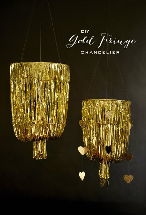 I just pinned this and said this would probably be easy to make and lo and behold there's a tutorial! #diy gold fringe chandelier Fringe Chandelier, Handmade Chandelier, Diy Gold, Gold Fringe, Diy Chandelier, Gold Diy, 100 Layer Cake, Diy Art Projects, Gold Chandelier