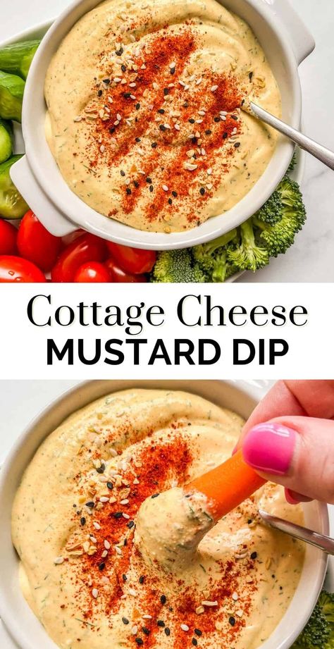 This viral mustard cottage cheese dip recipe is so simple but it's an absolute must-make! Mustard Diet, Cottage Cheese And Mustard, Cottage Cheese Mustard, Cottage Cheese Dip Recipes, Deviled Egg Dip, Egg Dip, Ww Appetizers, Cottage Cheese Dip, Cottage Cheese Recipes Healthy