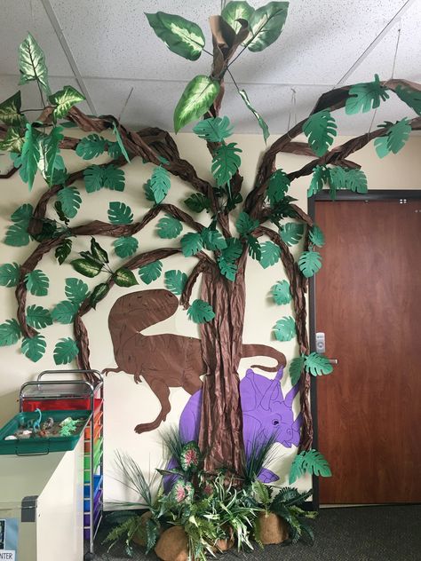 Dinosaur Preschool Decorations, Dinosaur Decorating Ideas, Dinosaur Hallway Decorations, Dino Theme Classroom, Dinosaur Theme Preschool Bulletin Boards, Dinasour Decorations, Dinasour Classroom Decoration, Dinosaur Classroom Transformation, Dinosaur Decorations For Classroom