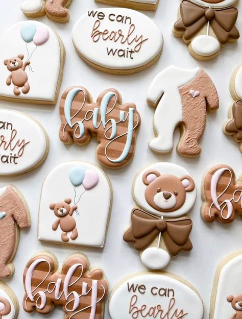 Bear Theme Gender Reveal Cake, Teddy Bear Gender Reveal Cookies, Teddy Bear Baby Shower Sugar Cookies, Bear Gender Reveal Cookies, We Can Barely Wait Cookies, We Can Bearly Wait Cookies Decorated, Teddy Bear Macarons, We Can Bearly Wait Cookies, Teddy Bear Baby Shower Cookies