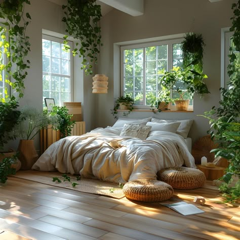 Big Bedroom Layout Ideas, Bedroom Plant Ideas, Low Bed Ideas Cozy Bedroom, Bedroom Interior Decor, Botanical Bedroom, Boho Decor Ideas, Window Interior, Nature Room, Boho Bedroom Design