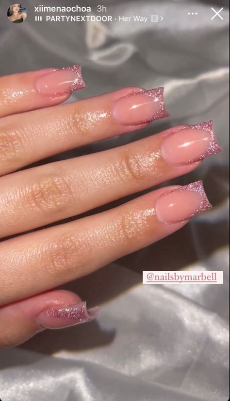 Short Badazled Nails, Square Sparkle French Tip, Short Square Nails Sparkle, Pink French Tips Glitter, Light Pink Clear Nails, Pink Frenchies Nails, Sparkly Square Nails, Pink Sweet 16 Nails, Pink Sparkle French Tip Nails