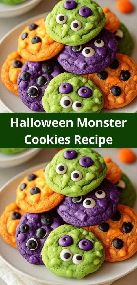 Searching for a delicious Halloween treat that kids can help make? These Halloween Monster Cookies are not only simple and fun to prepare, but their rich flavors will have everyone asking for seconds! Assorted Cheesecake, Cookie Recipes Fun, Halloween Monster Cookies, Cheesecake Recipe Ideas, Dessert Ideas Simple, Creative Dessert Ideas, Spooky Foods, Quick Dessert Ideas, Creepy Haunted House