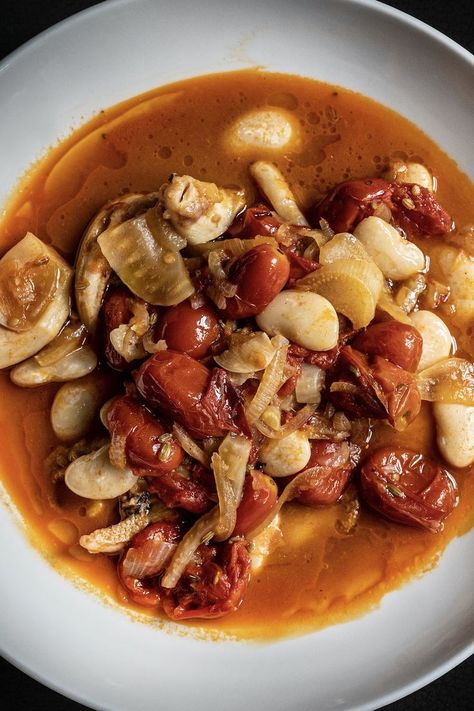 This gorgeous braised cuttlefish dish from Chris Shaw is maximum flavour for minimal effort. Cuttlefish (or squid if you can't get your hands on a cuttlefish) is slowly cooked in a roasted cherry tomato and white wine broth until tender and finished with butter beans for a bit of texture. Cuttlefish Recipe, Cuttlefish Recipes, Butter Beans Recipe, Vegan Recepies, British Dishes, Great British Chefs, Roasted Cherry, Beans Recipe, Butter Beans