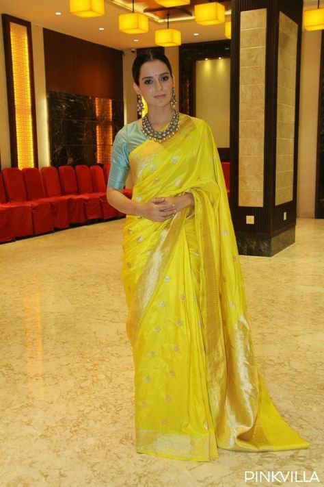 Lemon Yellow Saree With Contrast Blouse, Yellow Contrast Color Dress, Yellow Saree Blouse Combination, Yellow Saree Look, Yellow Saree For Haldi, Blouse Sleeves Design Latest, Blouse Front Neck Designs, Blouse Front Neck, Front Neck Designs