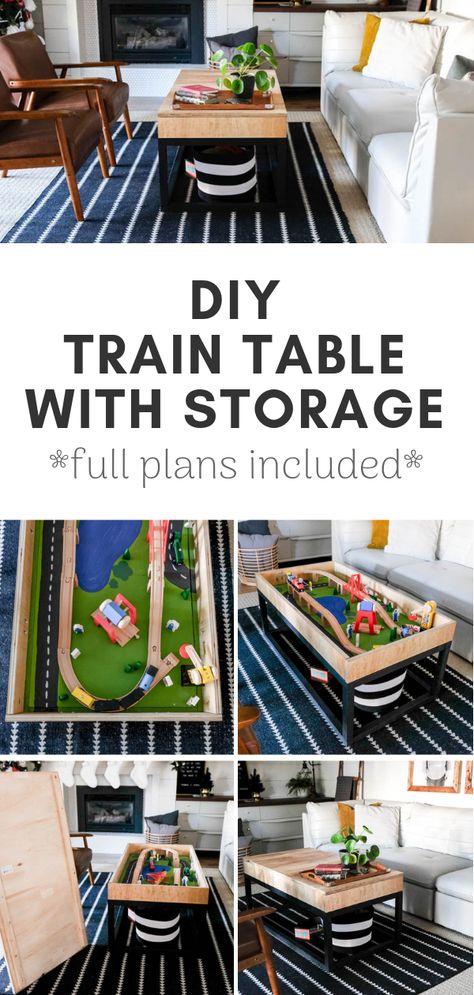 DIY train table with hidden storage - full 3-d plans included. Perfect table for a playroom or to keep in a living room! Diy Train Table, Kids Train Table, Train Table Storage, Diy Train, Table With Hidden Storage, Build A Coffee Table, Train Table, Lego Table, Diy Coffee Table