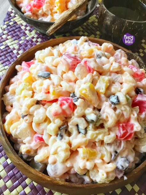 Filipino Macaroni Fruit Salad (Sweet) - PinoyBites Macaroni Fruit Salad Recipe, Macaroni Salad Filipino Style, Macaroni Fruit Salad, Sweet Macaroni Salad Recipe, Filipino Macaroni Salad, Filipino Fruit Salad, Recipes With Fruit Cocktail, Creamy Macaroni Salad, How To Make Macaroni