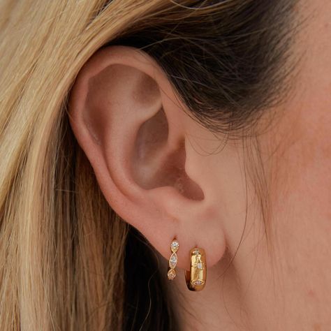 Ethereal Crystal Gold Huggies | Astrid & Miyu Earrings 2nd Ear Piercing, Double Lobe Piercing, Hoops With Charms, Second Ear Piercing, Gold Huggies, Lobe Piercing, Ear Stack, Earring Ideas, Ear Piercing