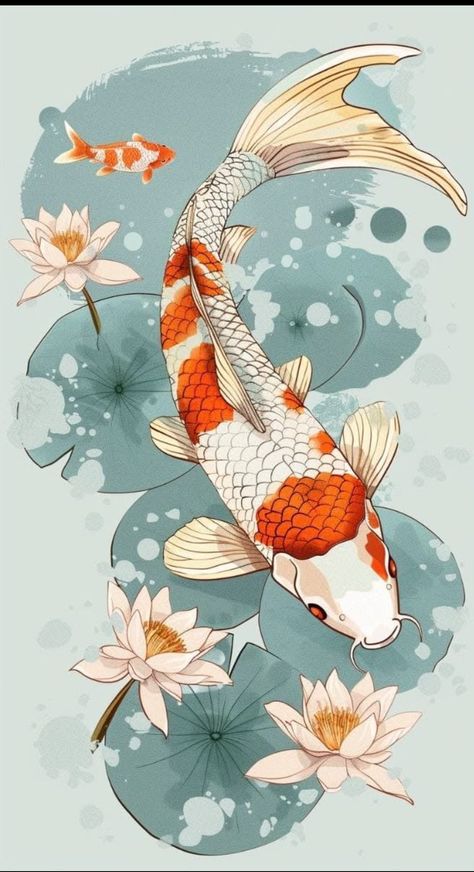 Koi Fish Graphic Design, Koi Illustration, Koi Fish Aesthetic, Japan Koi Fish, Koi Fish Illustration, Watercolor Koi Fish, Koi Painting, Koi Fish Drawing, Koi Fish Designs